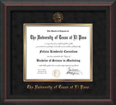 Image of University of Texas - El Paso Diploma Frame - Mahogany Braid - w/UTEP Embossed Seal & Name - Black Suede on Gold mat