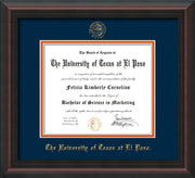 Image of University of Texas - El Paso Diploma Frame - Mahogany Braid - w/UTEP Embossed Seal & Name - Navy on Orange mat