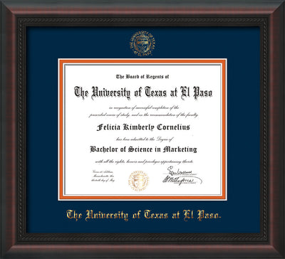 Image of University of Texas - El Paso Diploma Frame - Mahogany Braid - w/UTEP Embossed Seal & Name - Navy on Orange mat
