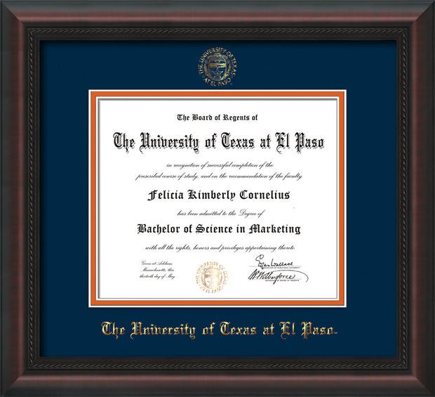 Image of University of Texas - El Paso Diploma Frame - Mahogany Braid - w/UTEP Embossed Seal & Name - Navy on Orange mat