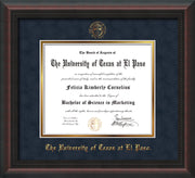 Image of University of Texas - El Paso Diploma Frame - Mahogany Braid - w/UTEP Embossed Seal & Name - Navy Suede on Gold mat
