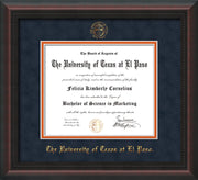 Image of University of Texas - El Paso Diploma Frame - Mahogany Braid - w/UTEP Embossed Seal & Name - Navy Suede on Orange mat