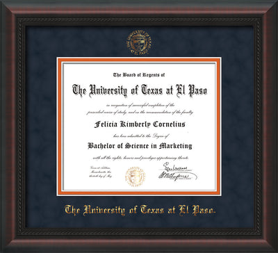 Image of University of Texas - El Paso Diploma Frame - Mahogany Braid - w/UTEP Embossed Seal & Name - Navy Suede on Orange mat