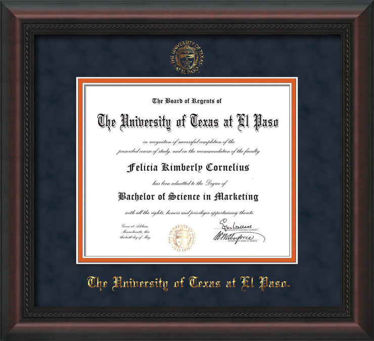 Image of University of Texas - El Paso Diploma Frame - Mahogany Braid - w/UTEP Embossed Seal & Name - Navy Suede on Orange mat