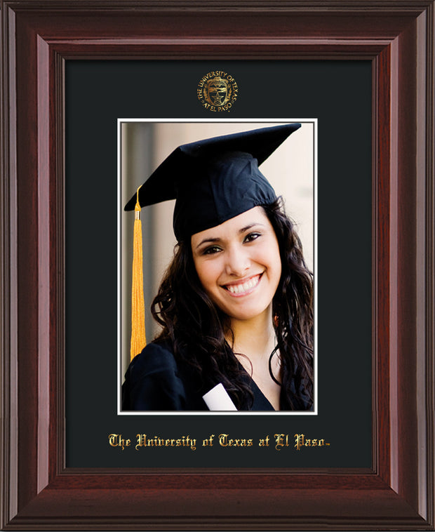Image of University of Texas - El-Paso 5 x 7 Photo Frame - Mahogany Lacquer - w/Official Embossing of UTEP Seal & Name - Single Black mat