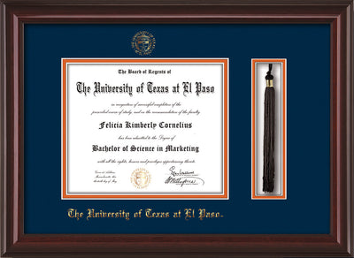 Image of University of Texas - El Paso Diploma Frame - Mahogany Lacquer - w/UTEP Embossed Seal & Name - Tassel Holder - Navy on Orange mat