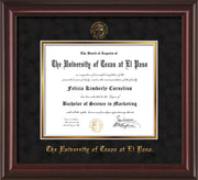 Image of University of Texas - El Paso Diploma Frame - Mahogany Lacquer - w/UTEP Embossed Seal & Name - Black Suede on Gold mat