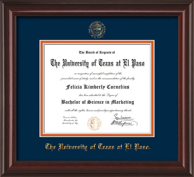 Image of University of Texas - El Paso Diploma Frame - Mahogany Lacquer - w/UTEP Embossed Seal & Name - Navy on Orange mat