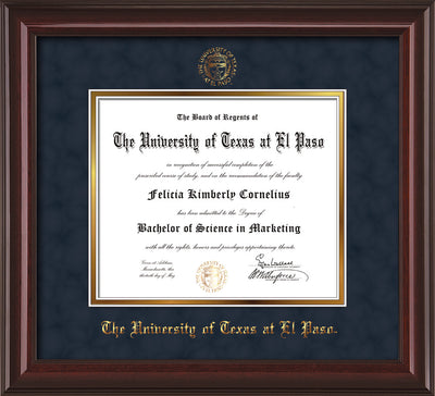 Image of University of Texas - El Paso Diploma Frame - Mahogany Lacquer - w/UTEP Embossed Seal & Name - Navy Suede on Gold mat