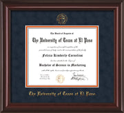 Image of University of Texas - El Paso Diploma Frame - Mahogany Lacquer - w/UTEP Embossed Seal & Name - Navy Suede on Orange mat