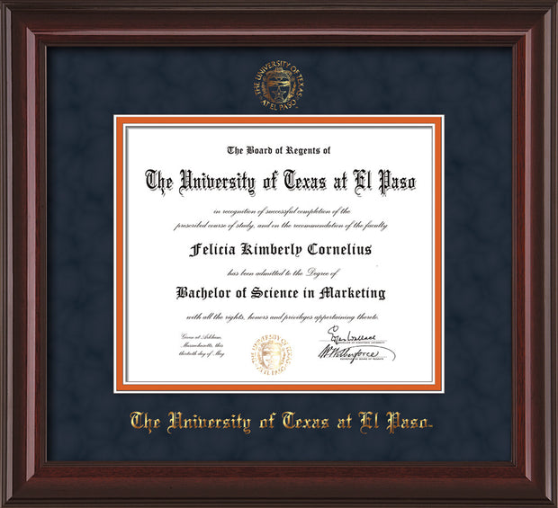 Image of University of Texas - El Paso Diploma Frame - Mahogany Lacquer - w/UTEP Embossed Seal & Name - Navy Suede on Orange mat