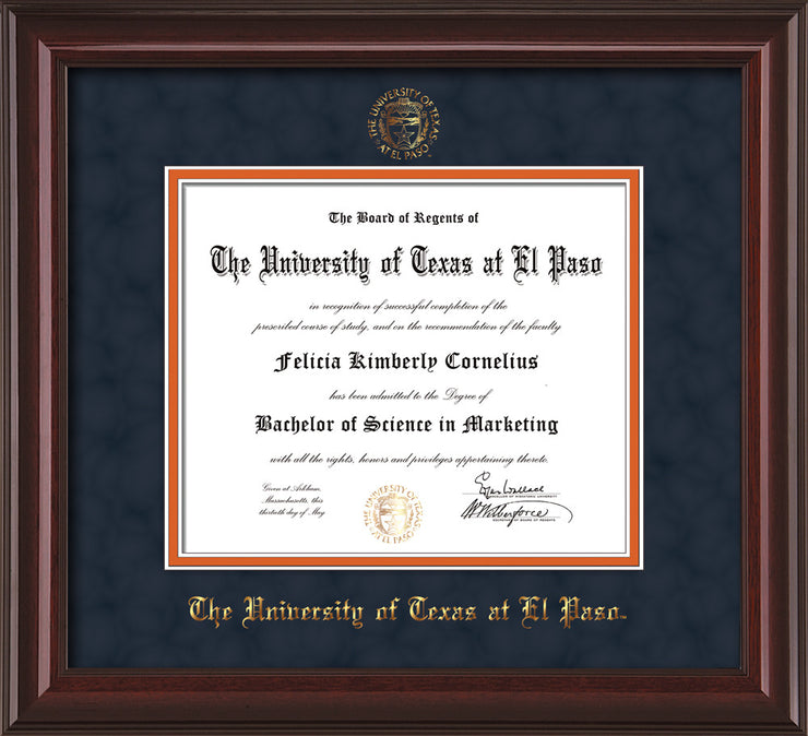 Image of University of Texas - El Paso Diploma Frame - Mahogany Lacquer - w/UTEP Embossed Seal & Name - Navy Suede on Orange mat