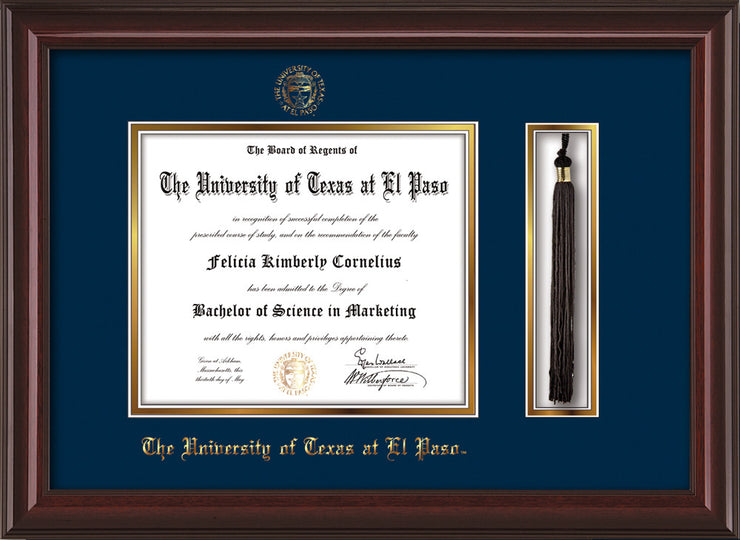 Image of University of Texas - El Paso Diploma Frame - Mahogany Lacquer - w/UTEP Embossed Seal & Name - Tassel Holder - Navy on Gold mat