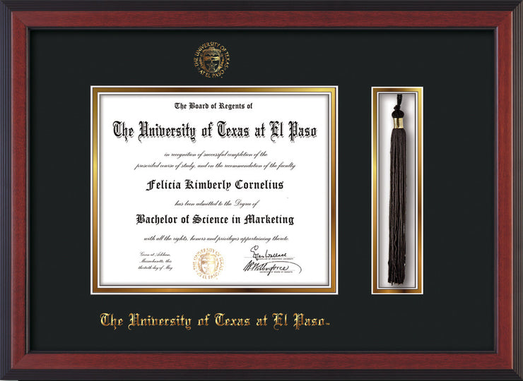 Image of University of Texas - El Paso Diploma Frame - Cherry Reverse - w/UTEP Embossed Seal & Name - Tassel Holder - Black on Gold mat