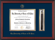 Image of University of Texas - El Paso Diploma Frame - Cherry Reverse - w/UTEP Embossed Seal & Name - Tassel Holder - Navy on Gold mat