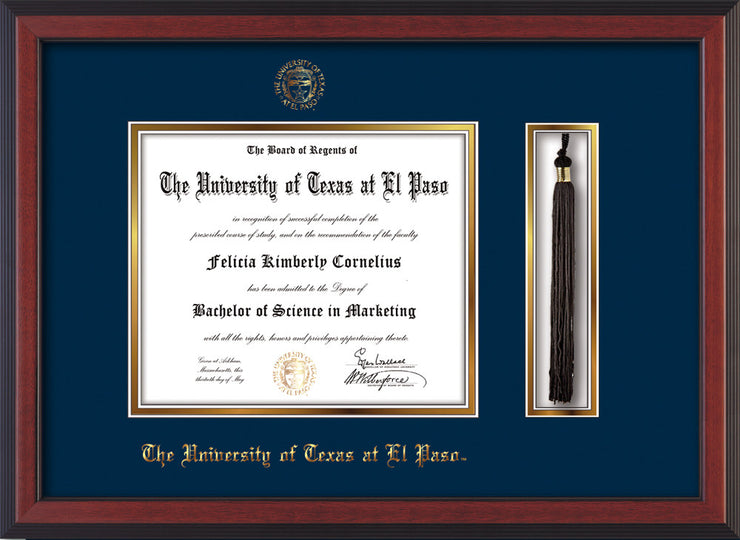 Image of University of Texas - El Paso Diploma Frame - Cherry Reverse - w/UTEP Embossed Seal & Name - Tassel Holder - Navy on Gold mat