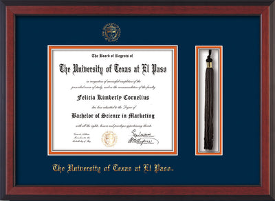 Image of University of Texas - El Paso Diploma Frame - Cherry Reverse - w/UTEP Embossed Seal & Name - Tassel Holder - Navy on Orange mat
