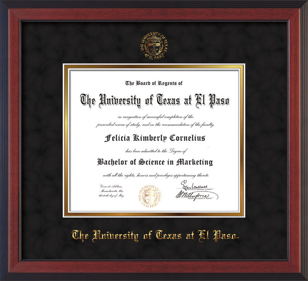 Image of University of Texas - El Paso Diploma Frame - Cherry Reverse - w/UTEP Embossed Seal & Name - Black Suede on Gold mat
