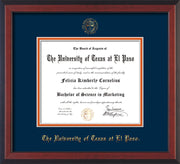 Image of University of Texas - El Paso Diploma Frame - Cherry Reverse - w/UTEP Embossed Seal & Name - Navy on Orange mat