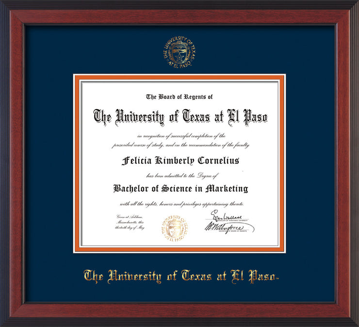 Image of University of Texas - El Paso Diploma Frame - Cherry Reverse - w/UTEP Embossed Seal & Name - Navy on Orange mat
