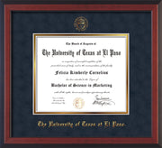 Image of University of Texas - El Paso Diploma Frame - Cherry Reverse - w/UTEP Embossed Seal & Name - Navy Suede on Gold mat