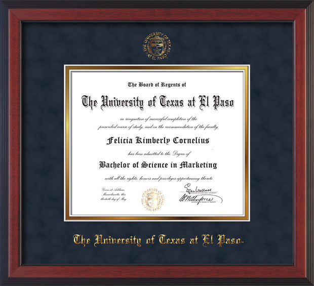 Image of University of Texas - El Paso Diploma Frame - Cherry Reverse - w/UTEP Embossed Seal & Name - Navy Suede on Gold mat