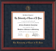 Image of University of Texas - El Paso Diploma Frame - Cherry Reverse - w/UTEP Embossed Seal & Name - Navy Suede on Orange mat
