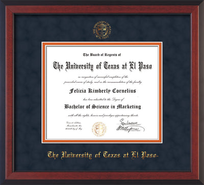 Image of University of Texas - El Paso Diploma Frame - Cherry Reverse - w/UTEP Embossed Seal & Name - Navy Suede on Orange mat