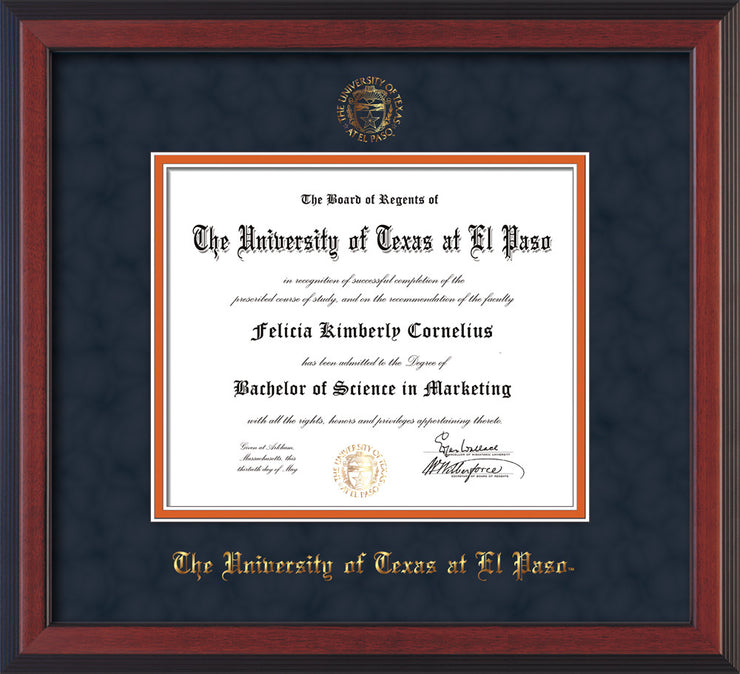 Image of University of Texas - El Paso Diploma Frame - Cherry Reverse - w/UTEP Embossed Seal & Name - Navy Suede on Orange mat