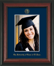 Image of University of Texas - El-Paso 5 x 7 Photo Frame - Rosewood - w/Official Embossing of UTEP Seal & Name - Single Navy mat