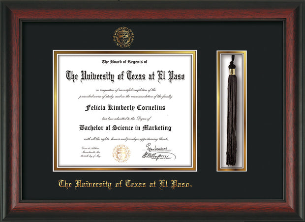 Image of University of Texas - El Paso Diploma Frame - Rosewood - w/UTEP Embossed Seal & Name - Tassel Holder - Black on Gold mat