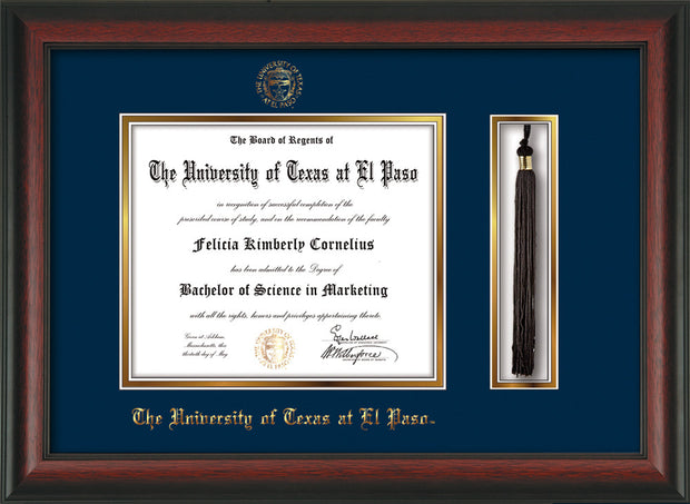 Image of University of Texas - El Paso Diploma Frame - Rosewood - w/UTEP Embossed Seal & Name - Tassel Holder - Navy on Gold mat
