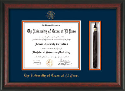 Image of University of Texas - El Paso Diploma Frame - Rosewood - w/UTEP Embossed Seal & Name - Tassel Holder - Navy on Orange mat