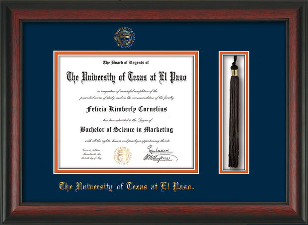 Image of University of Texas - El Paso Diploma Frame - Rosewood - w/UTEP Embossed Seal & Name - Tassel Holder - Navy on Orange mat