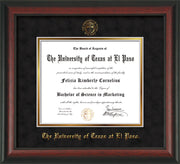 Image of University of Texas - El Paso Diploma Frame - Rosewood - w/UTEP Embossed Seal & Name - Black Suede on Gold mat