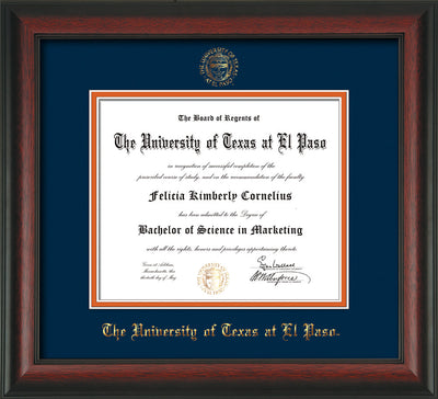 Image of University of Texas - El Paso Diploma Frame - Rosewood - w/UTEP Embossed Seal & Name - Navy on Orange mat