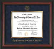 Image of University of Texas - El Paso Diploma Frame - Rosewood - w/UTEP Embossed Seal & Name - Navy Suede on Gold mat