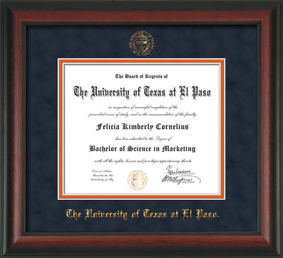 Image of University of Texas - El Paso Diploma Frame - Rosewood - w/UTEP Embossed Seal & Name - Navy Suede on Orange mat
