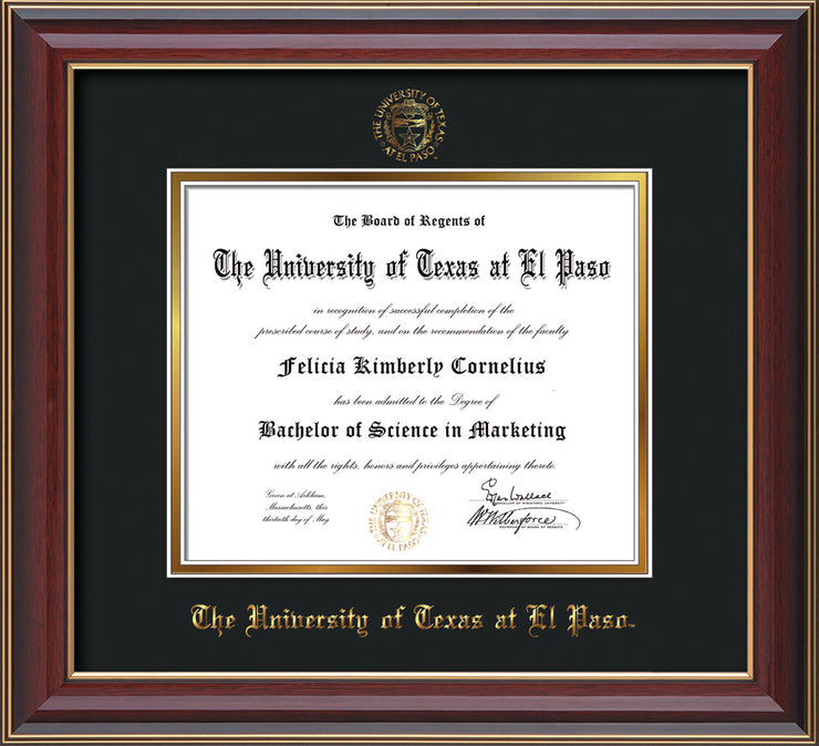 Image of University of Texas - El Paso Diploma Frame - Cherry Lacquer - w/UTEP Embossed Seal & Name - Black on Gold mat