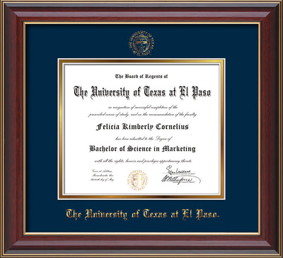 Image of University of Texas - El Paso Diploma Frame - Cherry Lacquer - w/UTEP Embossed Seal & Name - Navy on Gold mat