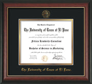 Image of University of Texas - El Paso Diploma Frame - Rosewood w/Gold Lip - w/UTEP Embossed Seal & Name - Black on Gold mat