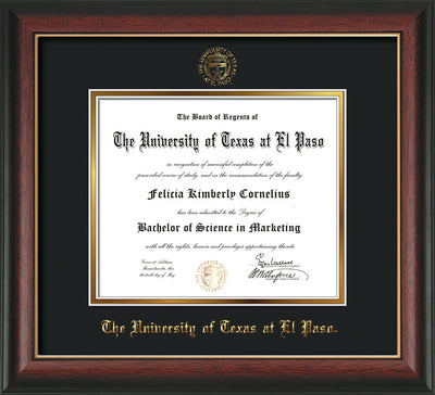 Image of University of Texas - El Paso Diploma Frame - Rosewood w/Gold Lip - w/UTEP Embossed Seal & Name - Black on Gold mat