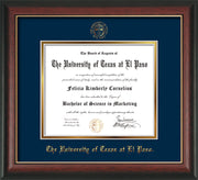 Image of University of Texas - El Paso Diploma Frame - Rosewood w/Gold Lip - w/UTEP Embossed Seal & Name - Navy on Gold mat