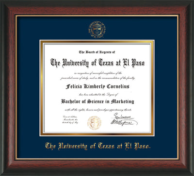 Image of University of Texas - El Paso Diploma Frame - Rosewood w/Gold Lip - w/UTEP Embossed Seal & Name - Navy on Gold mat