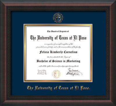 Image of University of Texas - El Paso Diploma Frame - Mahogany Braid - w/UTEP Embossed Seal & Name - Navy on Gold mat
