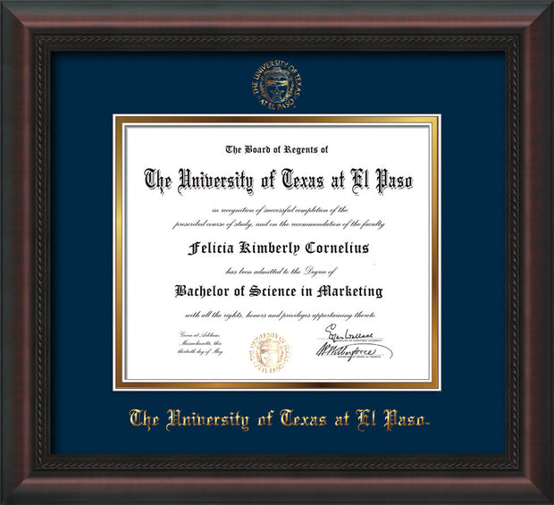 Image of University of Texas - El Paso Diploma Frame - Mahogany Braid - w/UTEP Embossed Seal & Name - Navy on Gold mat