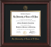 Image of University of Texas - El Paso Diploma Frame - Mahogany Lacquer - w/UTEP Embossed Seal & Name - Black on Gold mat