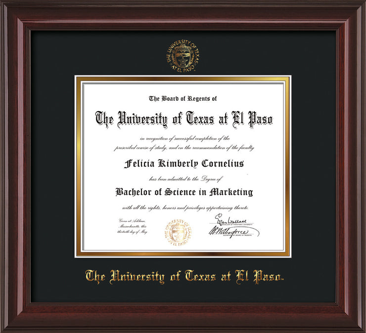 Image of University of Texas - El Paso Diploma Frame - Mahogany Lacquer - w/UTEP Embossed Seal & Name - Black on Gold mat