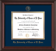 Image of University of Texas - El Paso Diploma Frame - Mahogany Lacquer - w/UTEP Embossed Seal & Name - Navy on Gold mat