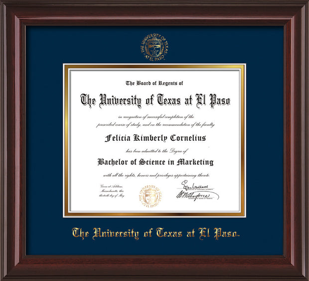 Image of University of Texas - El Paso Diploma Frame - Mahogany Lacquer - w/UTEP Embossed Seal & Name - Navy on Gold mat